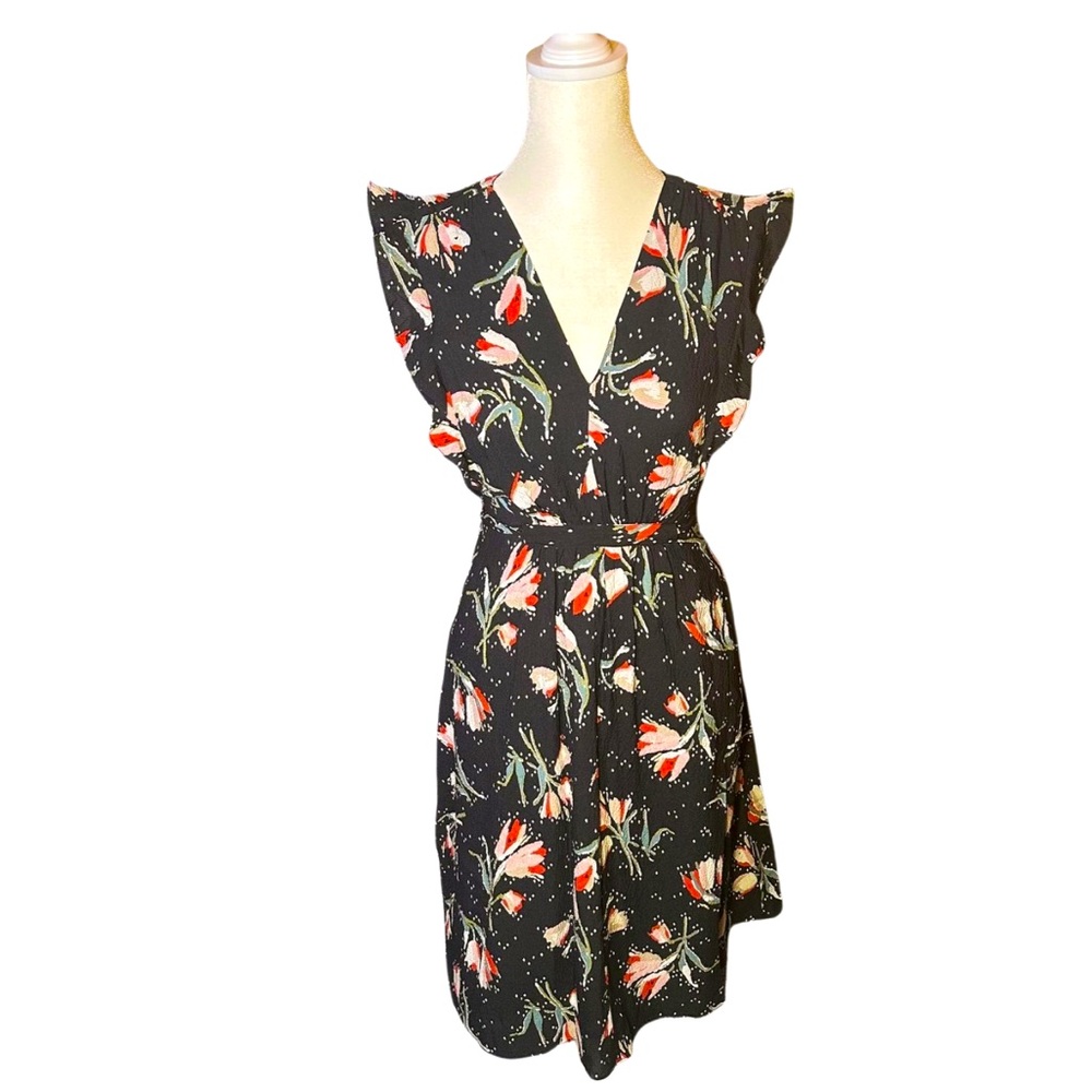 ✨ NWT✨ Rebecca Taylor Silk Ikat Ruffle Dress in Black Womens Size 0
